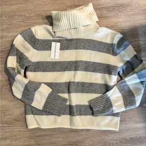 Calvin Klein Collection Cream and Gray Striped Turtleneck Sweater